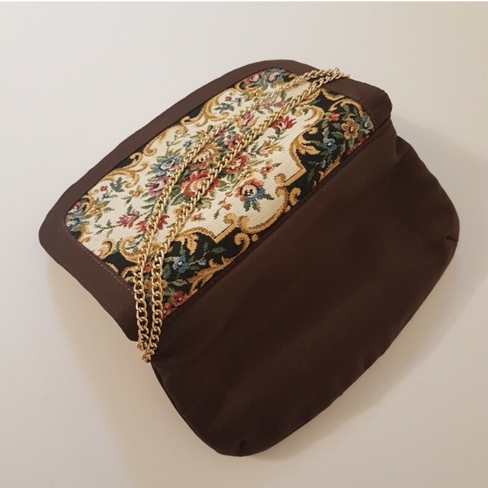 VINTAGE Floral Tapestry Convertible Clutch Shoulder Bag Gold Chain Hong Kong - Picture 5 of 10